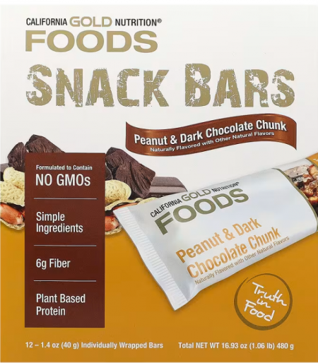 California Gold Nutrition, 식품, 땅콩 & 다크 초콜릿 청크 바, 드라이 로스트 아몬드, 치커리 뿌리 섬유소, 완두콩 칩, 꿀, 바 12개, 각 40g(1.4oz)