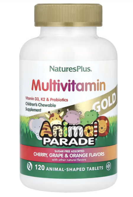 NaturesPlus, Source of Life, Animal Parade, 골드, 어린이용 츄어블 종합비타민 & 미네랄 보충제, 여러 가지 맛, 동물 모양 120