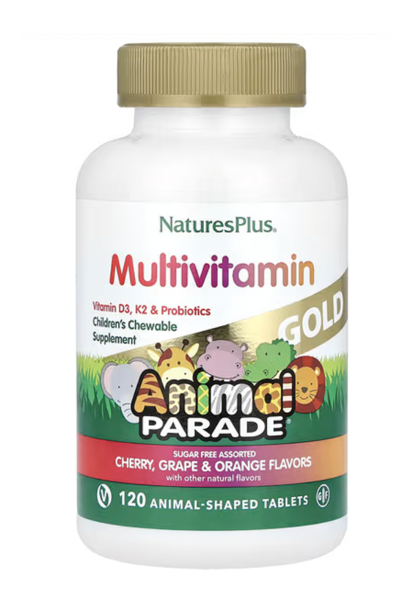 NaturesPlus, Source of Life, Animal Parade, 골드, 어린이용 츄어블 종합비타민 & 미네랄 보충제, 여러 가지 맛, 동물 모양 120